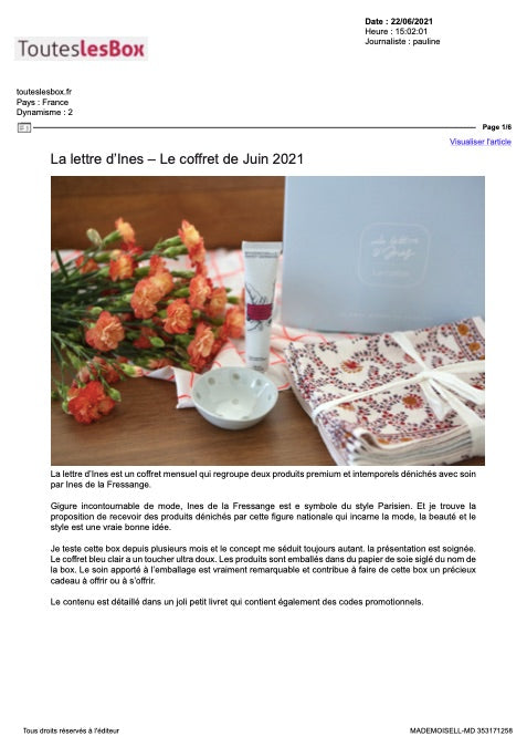 TOUTES LES BOX - La lettre d'Ines - Le coffret de Juin 2021
